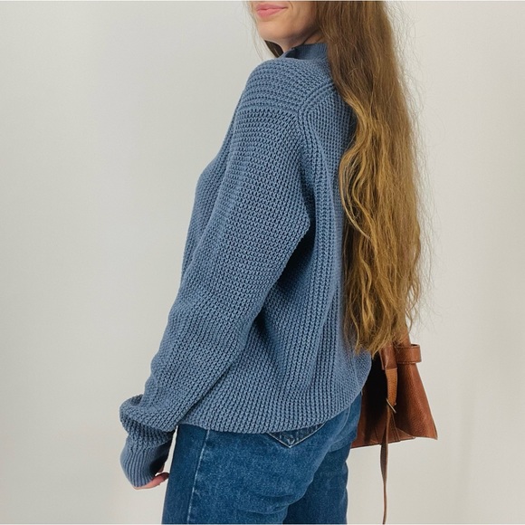 Cotton Henley Waffle Knit Slouchy Oversized Sweater - M - Blue - Picture 5 of 8